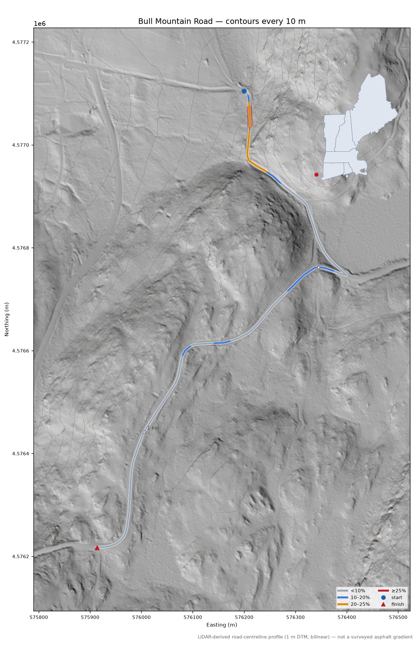 Bull Mountain Road LiDAR hillshade map with contours