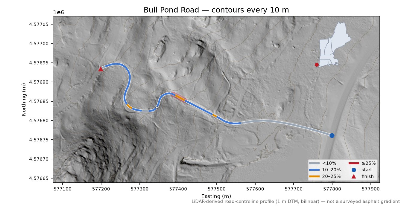 Bull Pond Road LiDAR hillshade map with contours