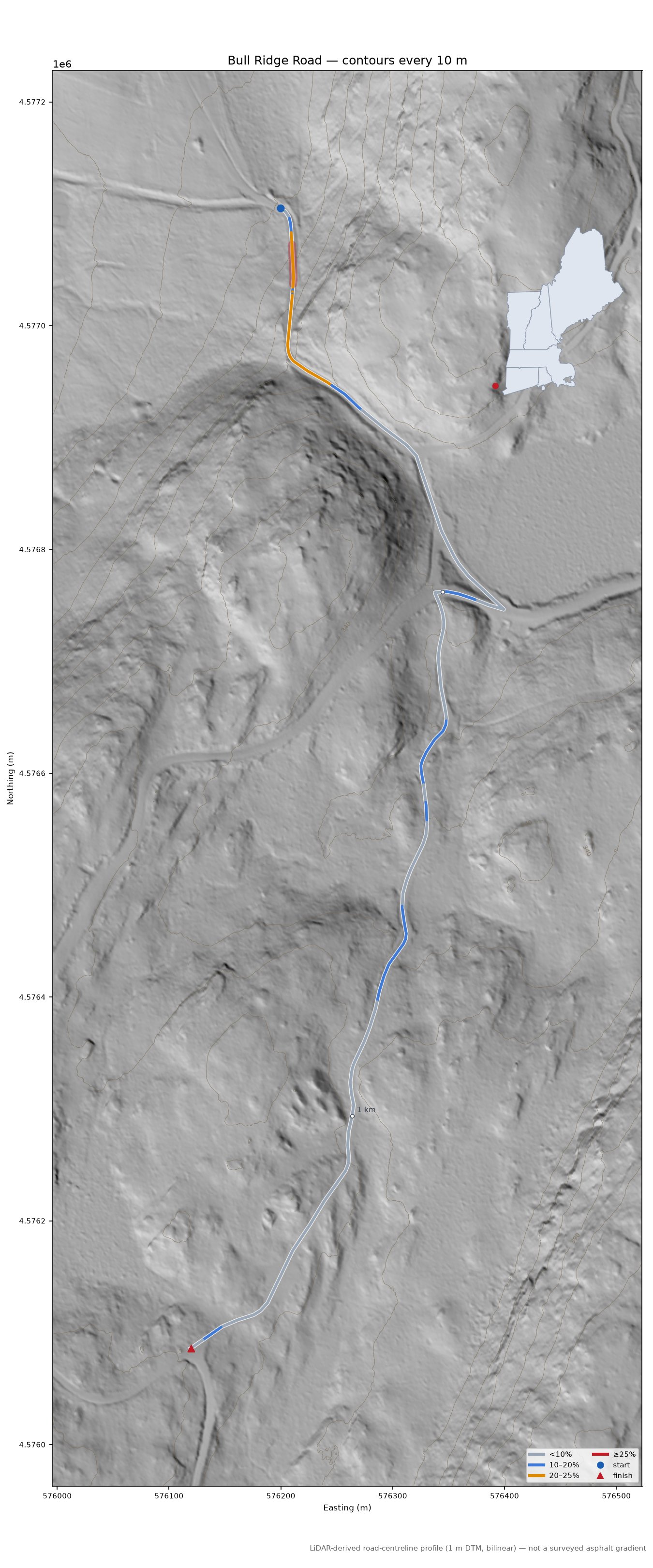 Bull Ridge Road LiDAR hillshade map with contours
