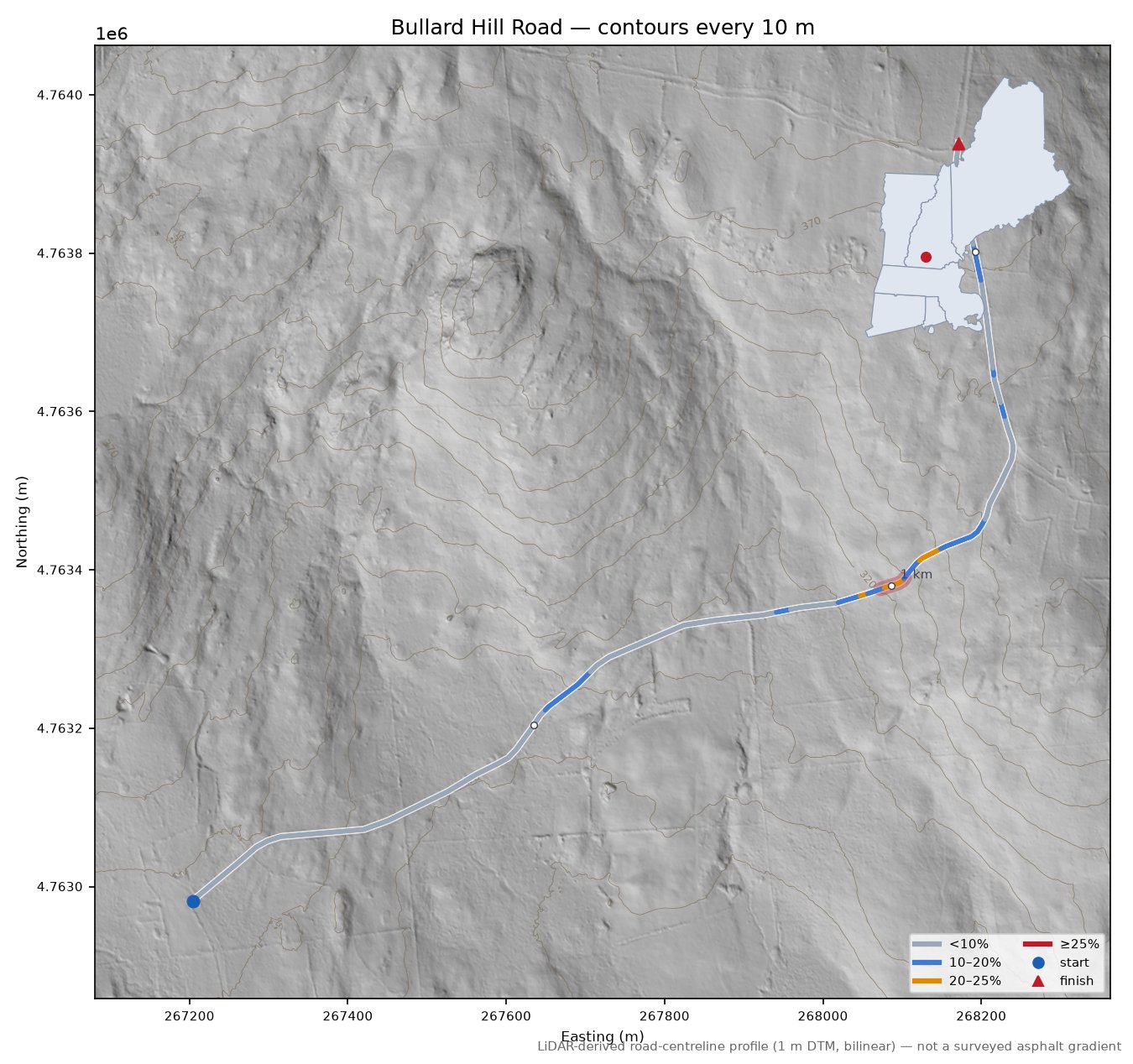 Bullard Hill Road LiDAR hillshade map with contours