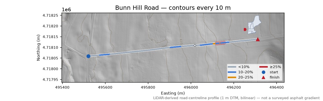 Bunn Hill Road LiDAR hillshade map with contours