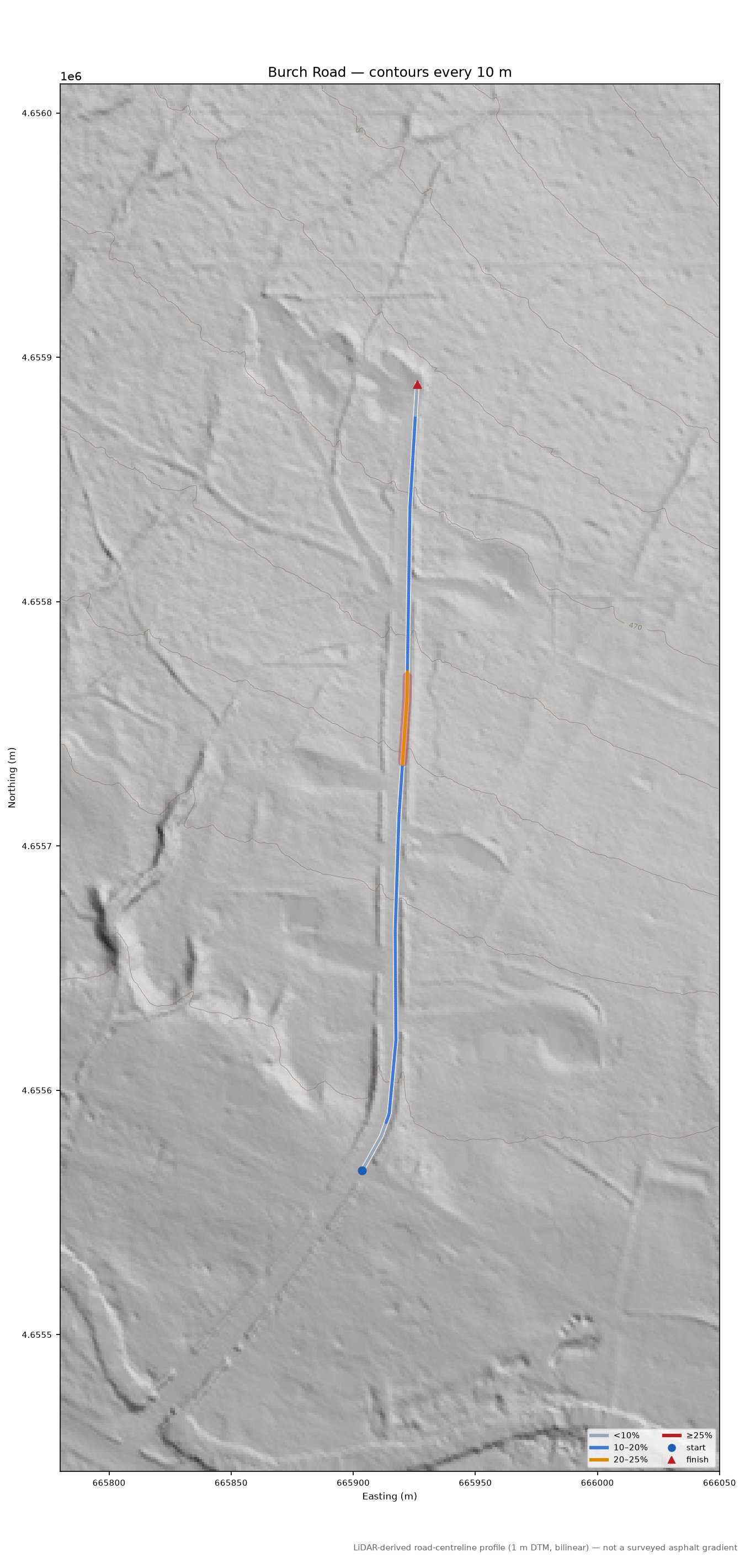 Burch Road LiDAR hillshade map with contours