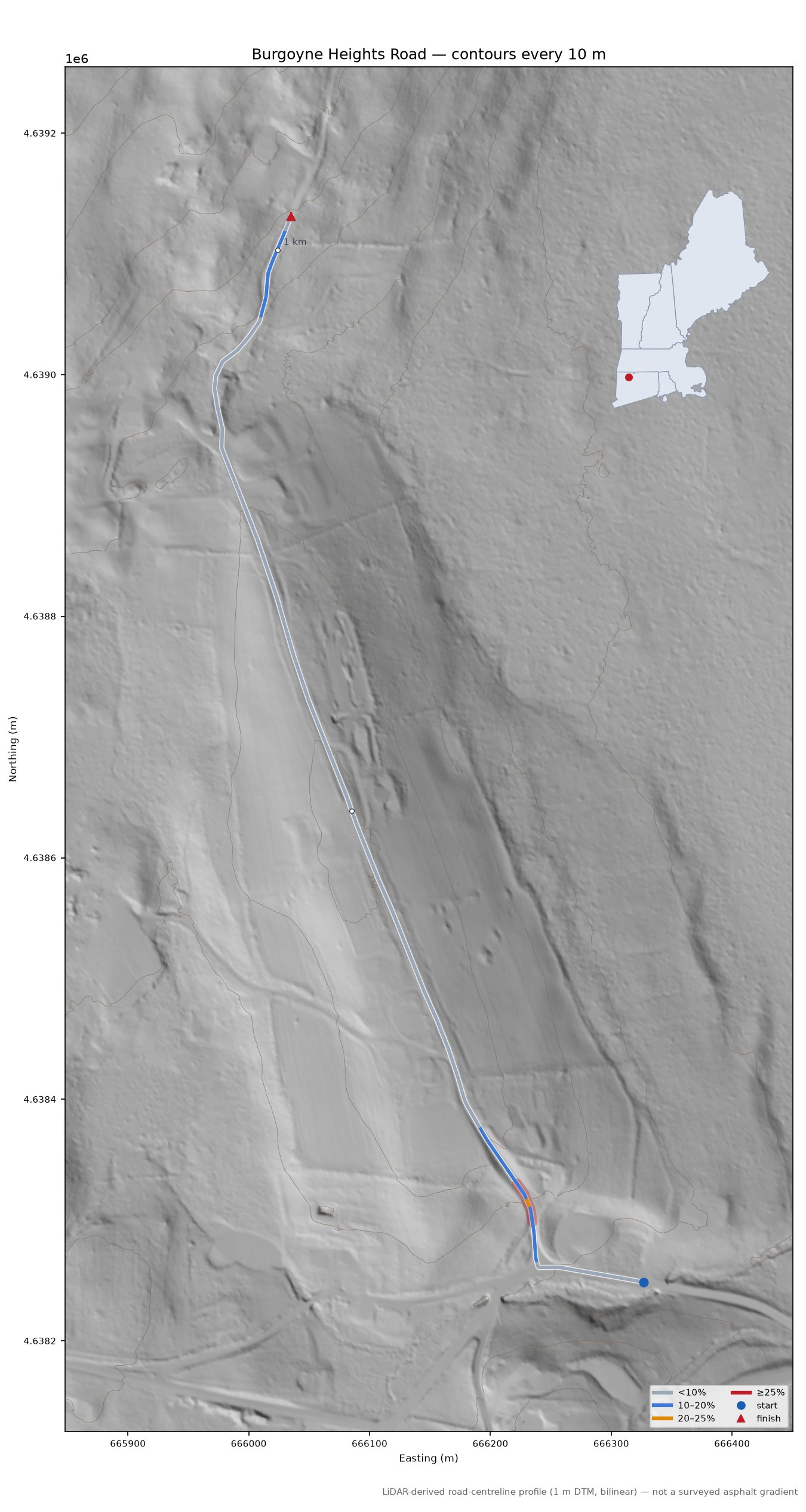 Burgoyne Heights Road LiDAR hillshade map with contours