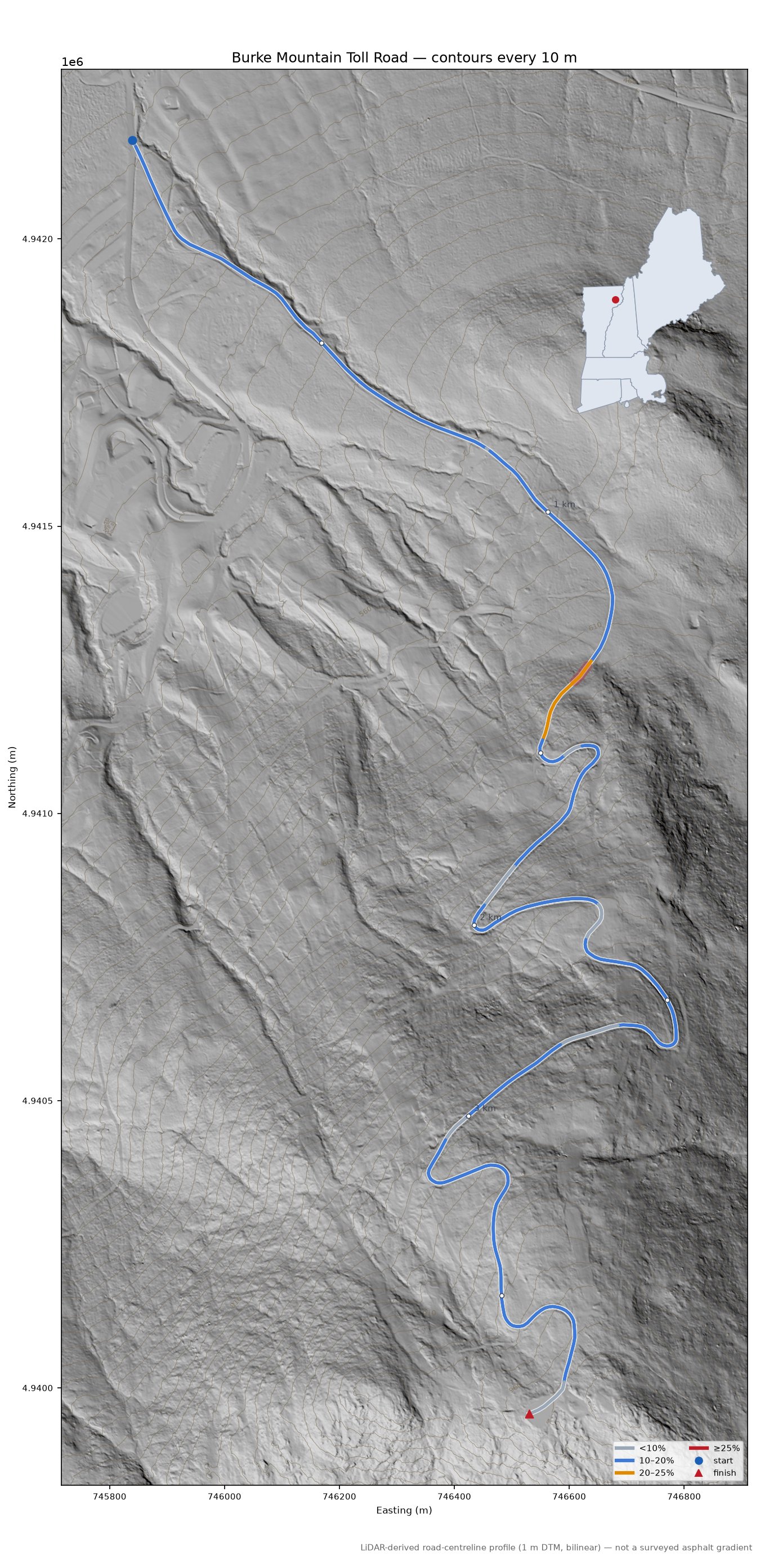 Burke Mountain Toll Road LiDAR hillshade map with contours