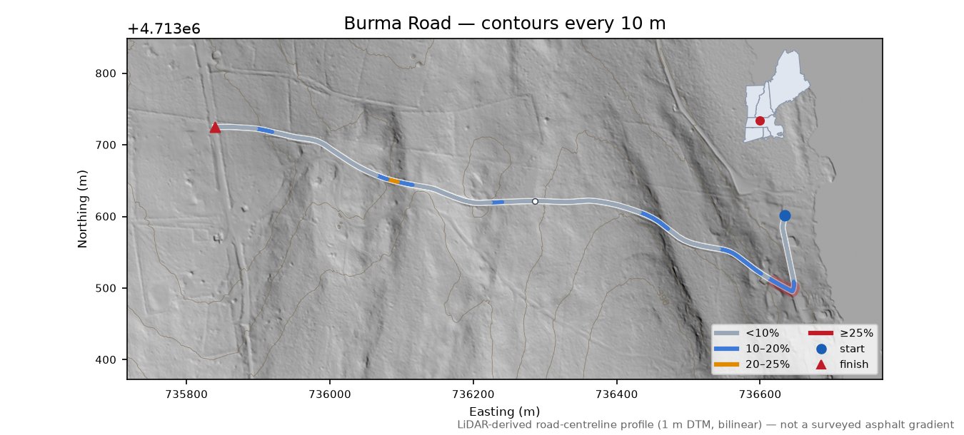 Burma Road LiDAR hillshade map with contours