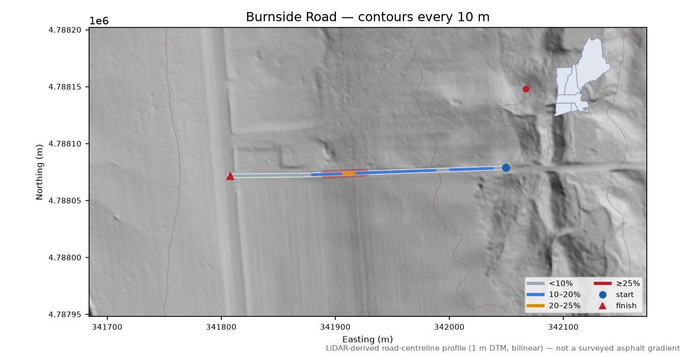 Burnside Road LiDAR hillshade map with contours