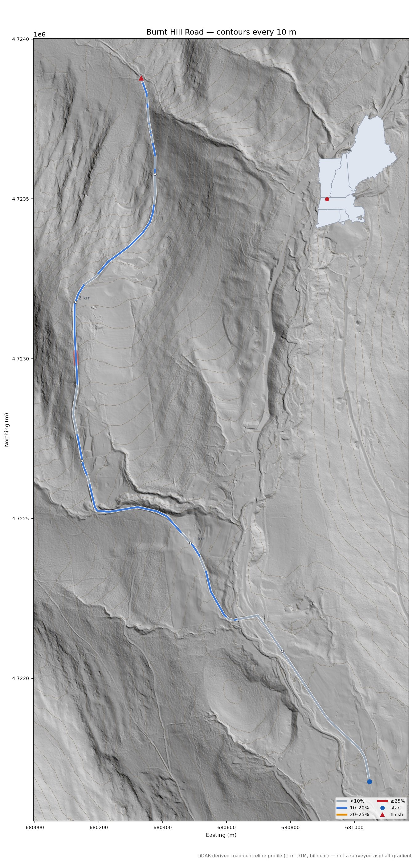 Burnt Hill Road LiDAR hillshade map with contours
