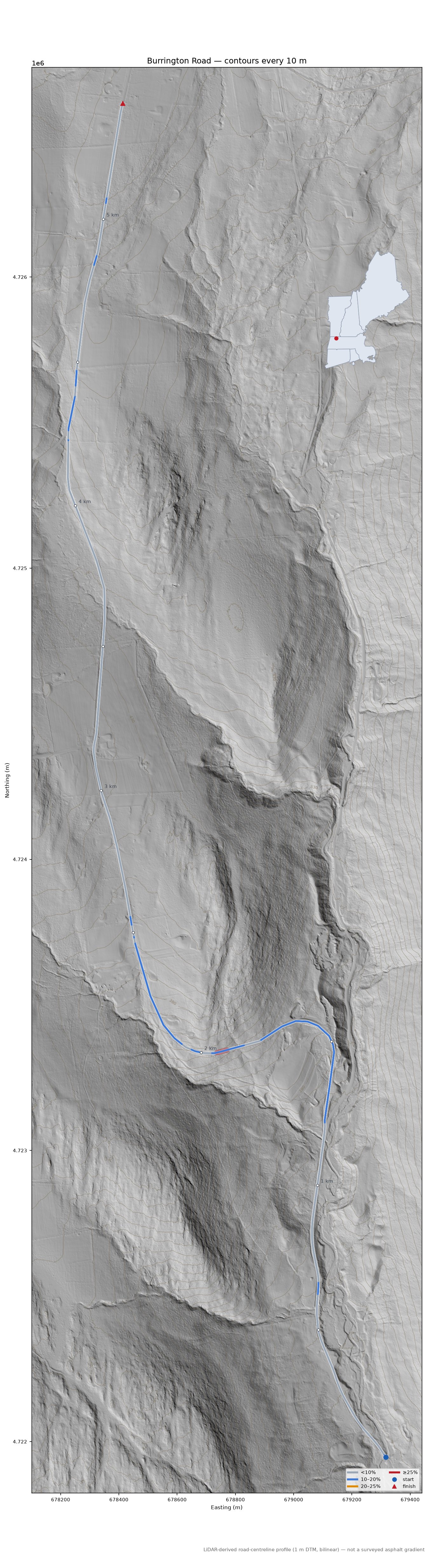 Burrington Road LiDAR hillshade map with contours