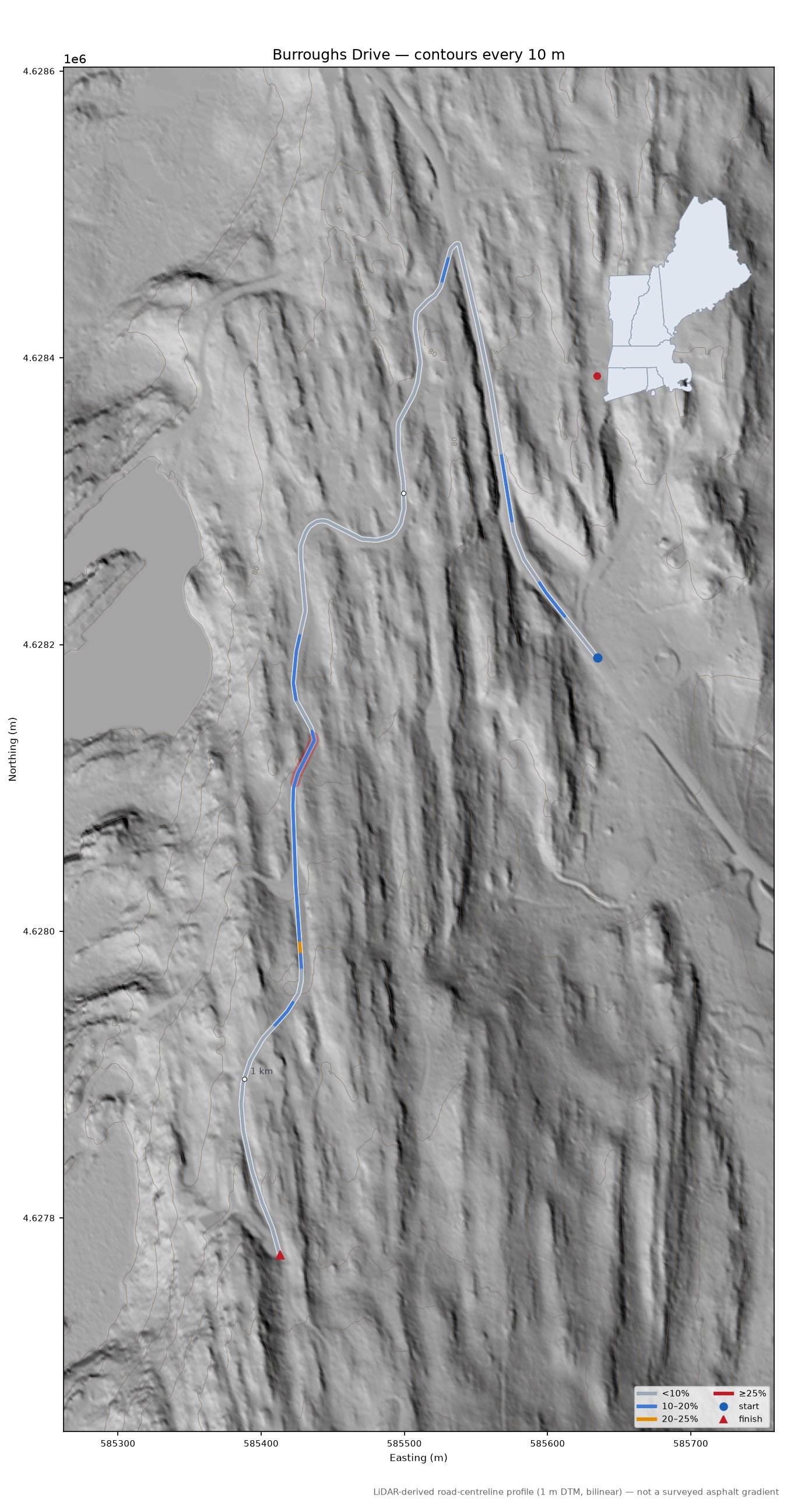 Burroughs Drive LiDAR hillshade map with contours