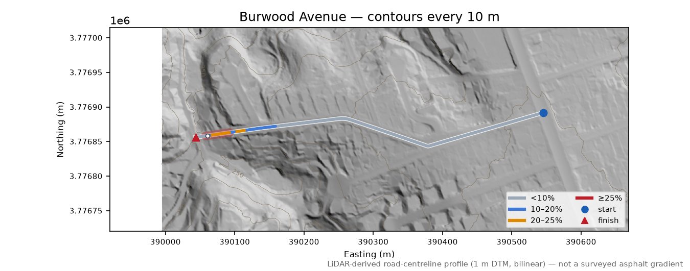 Burwood Avenue LiDAR hillshade map with contours