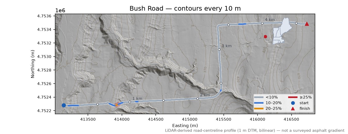 Bush Road LiDAR hillshade map with contours