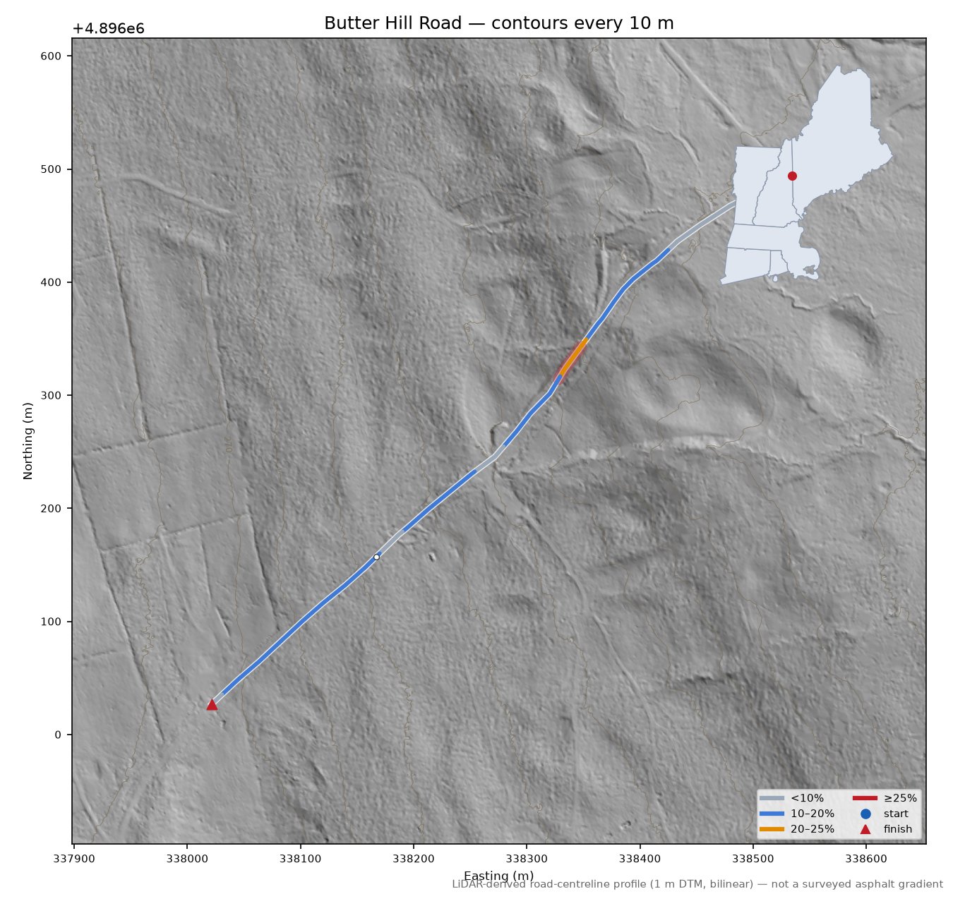 Butter Hill Road LiDAR hillshade map with contours