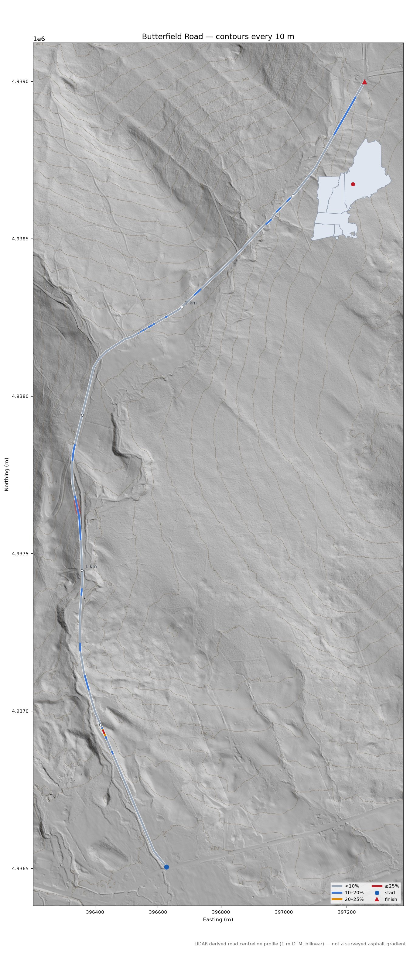 Butterfield Road LiDAR hillshade map with contours