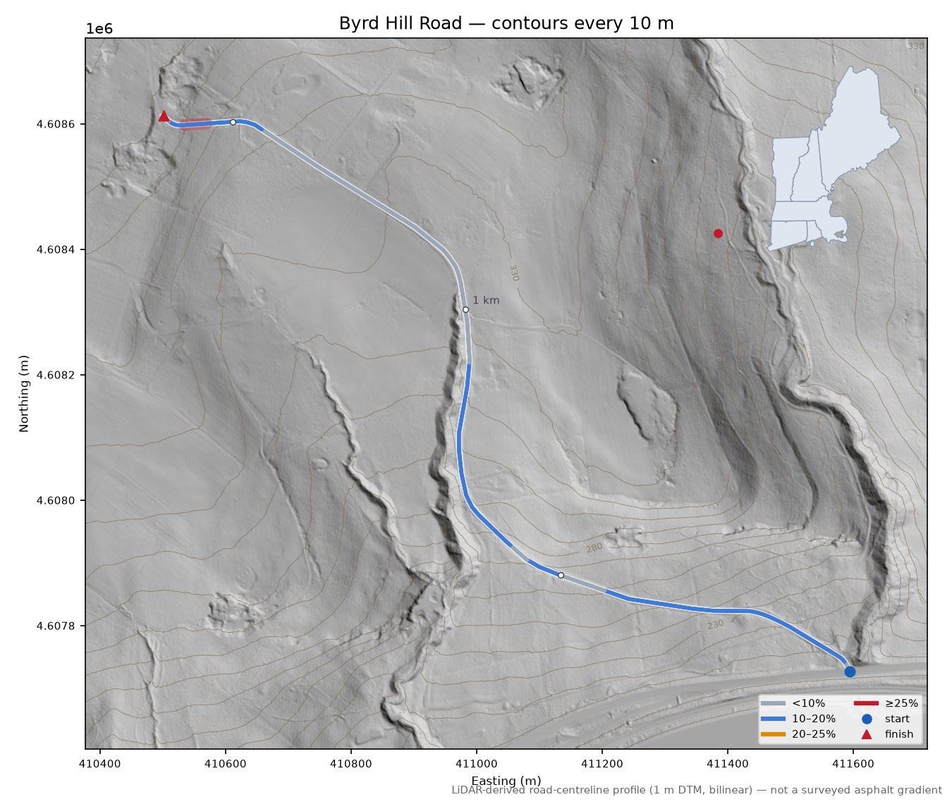Byrd Hill Road LiDAR hillshade map with contours