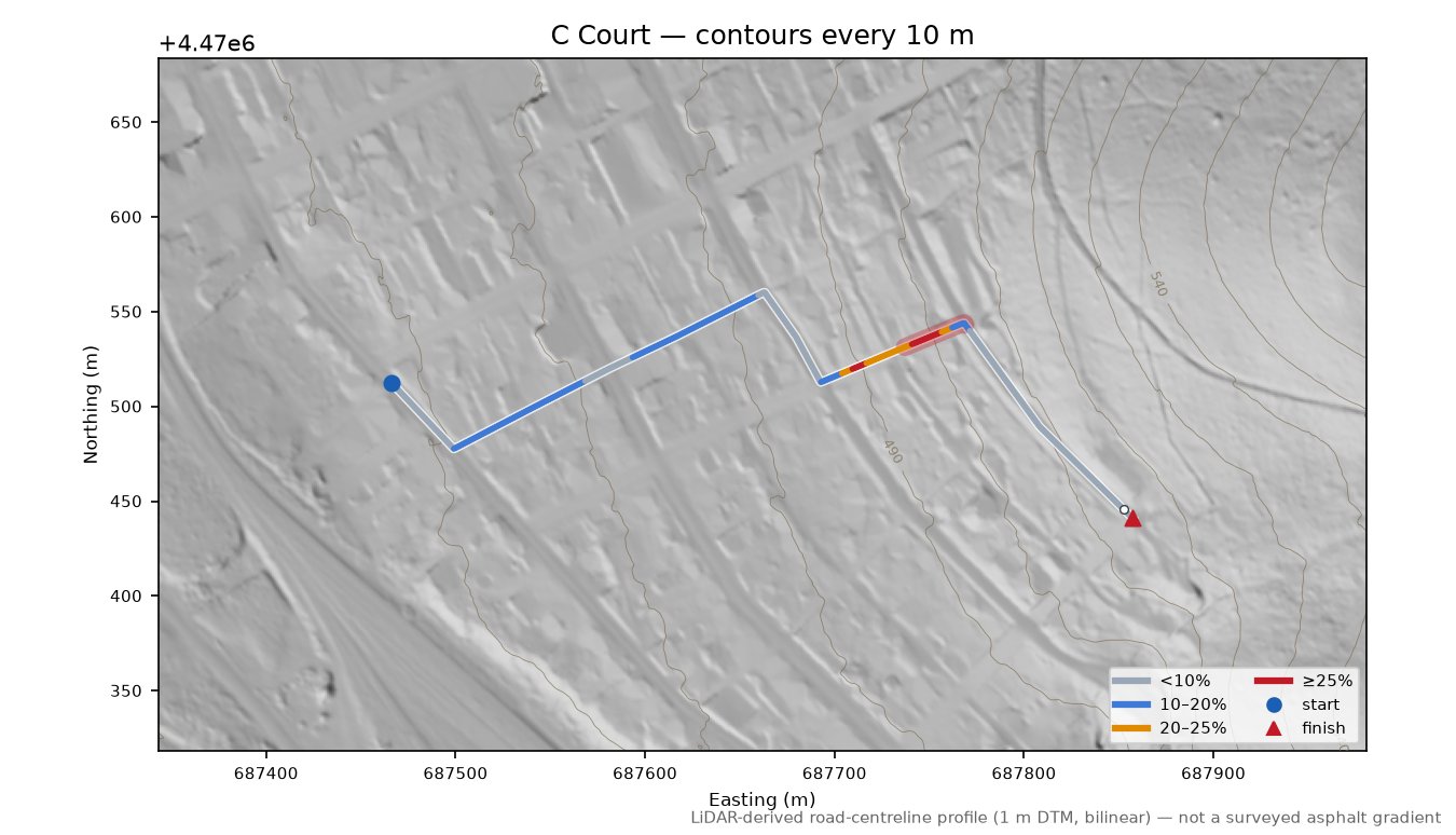 C Court LiDAR hillshade map with contours
