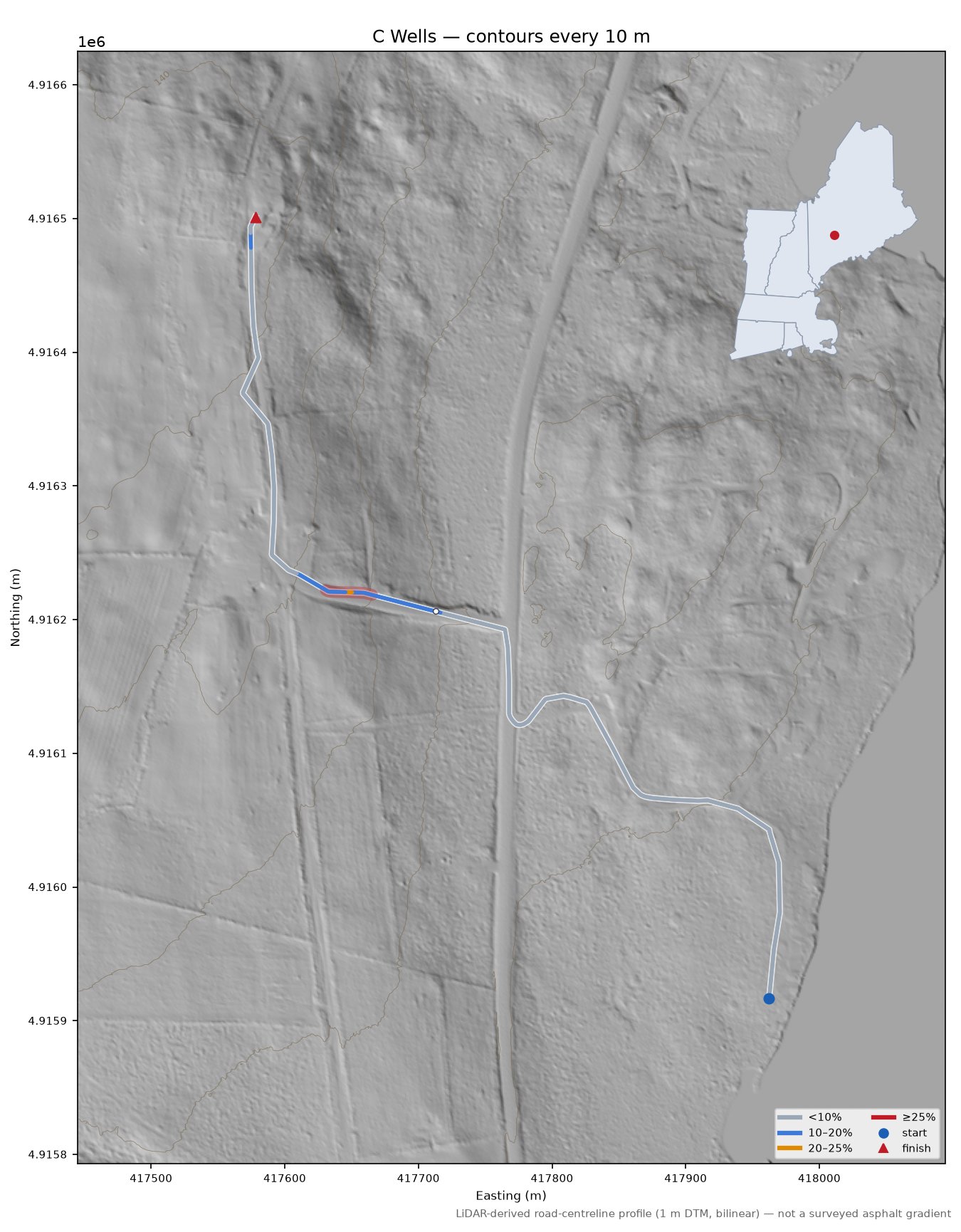 C Wells LiDAR hillshade map with contours