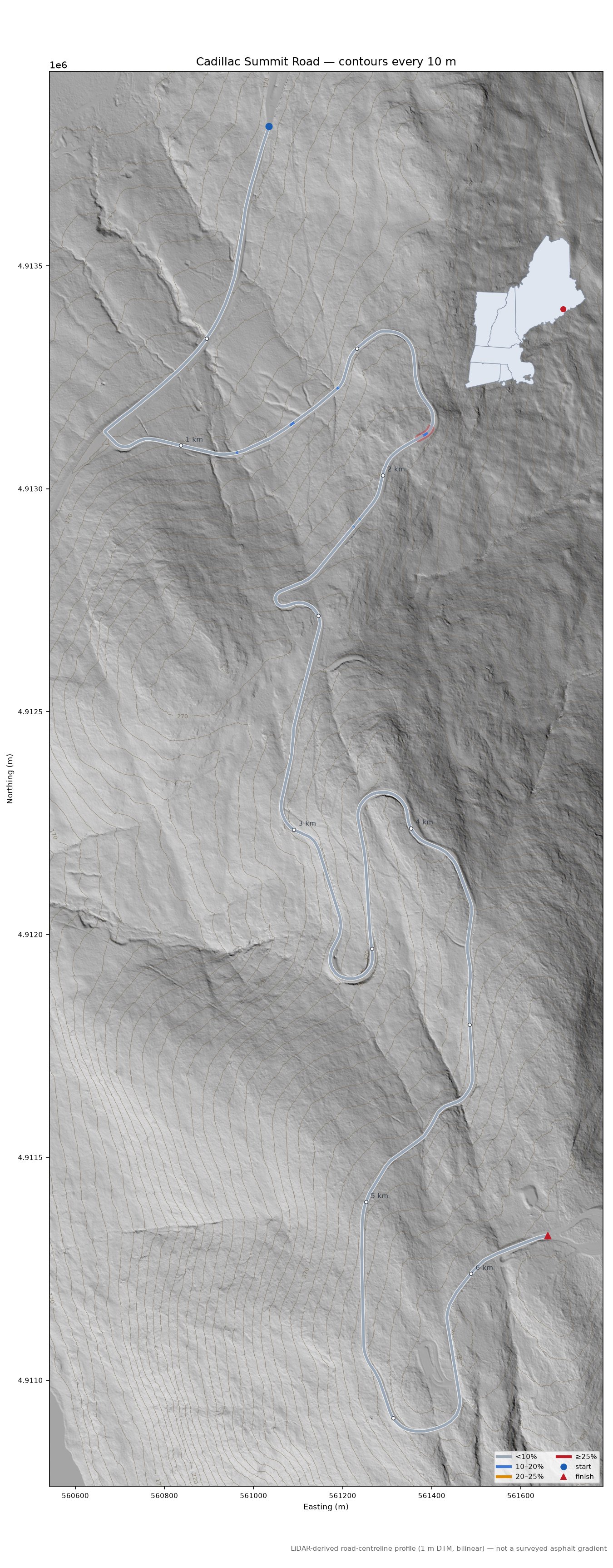 Cadillac Summit Road LiDAR hillshade map with contours