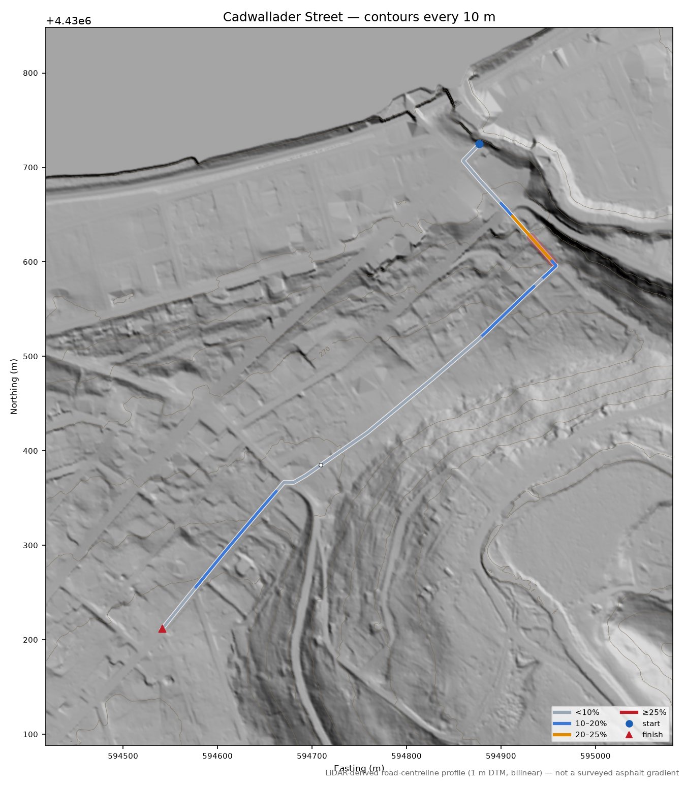 Cadwallader Street LiDAR hillshade map with contours