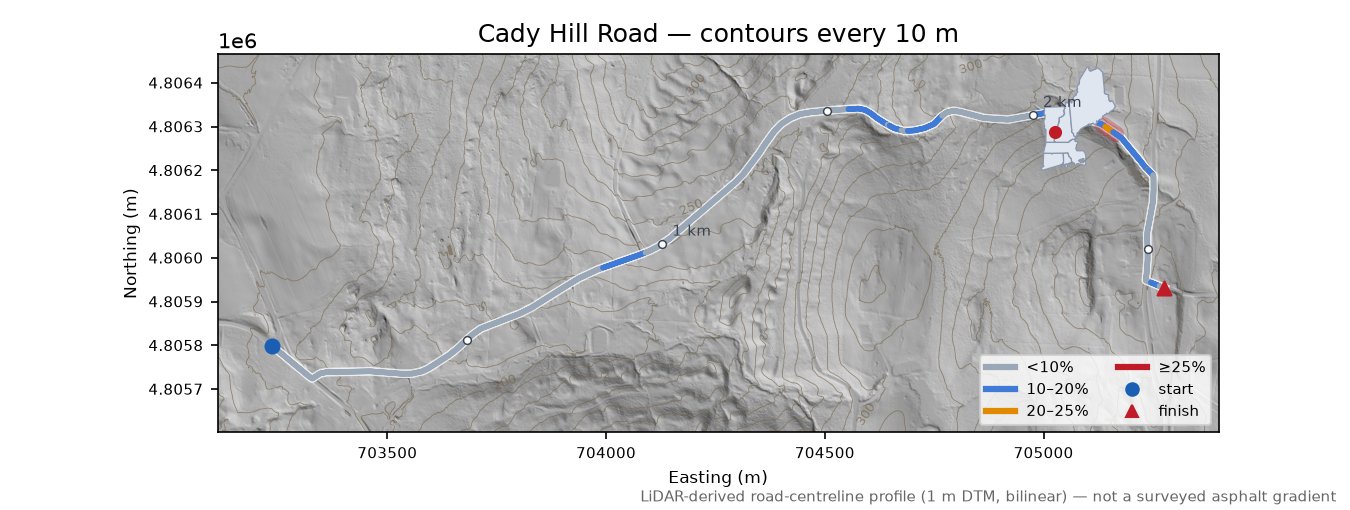 Cady Hill Road LiDAR hillshade map with contours