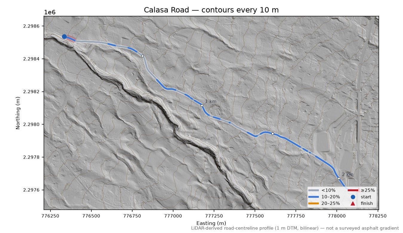 Calasa Road LiDAR hillshade map with contours