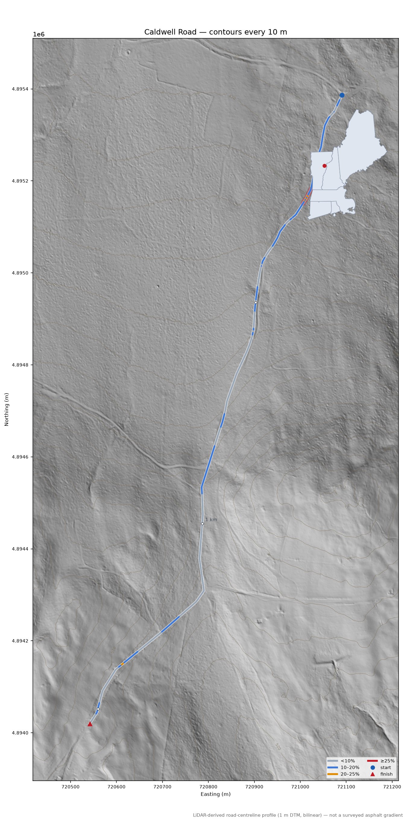 Caldwell Road LiDAR hillshade map with contours