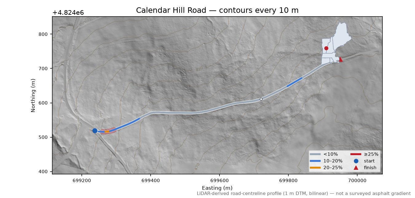 Calendar Hill Road LiDAR hillshade map with contours