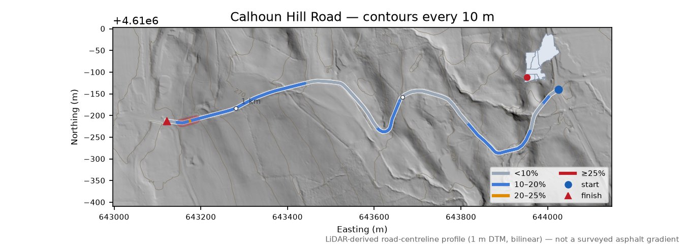 Calhoun Hill Road LiDAR hillshade map with contours
