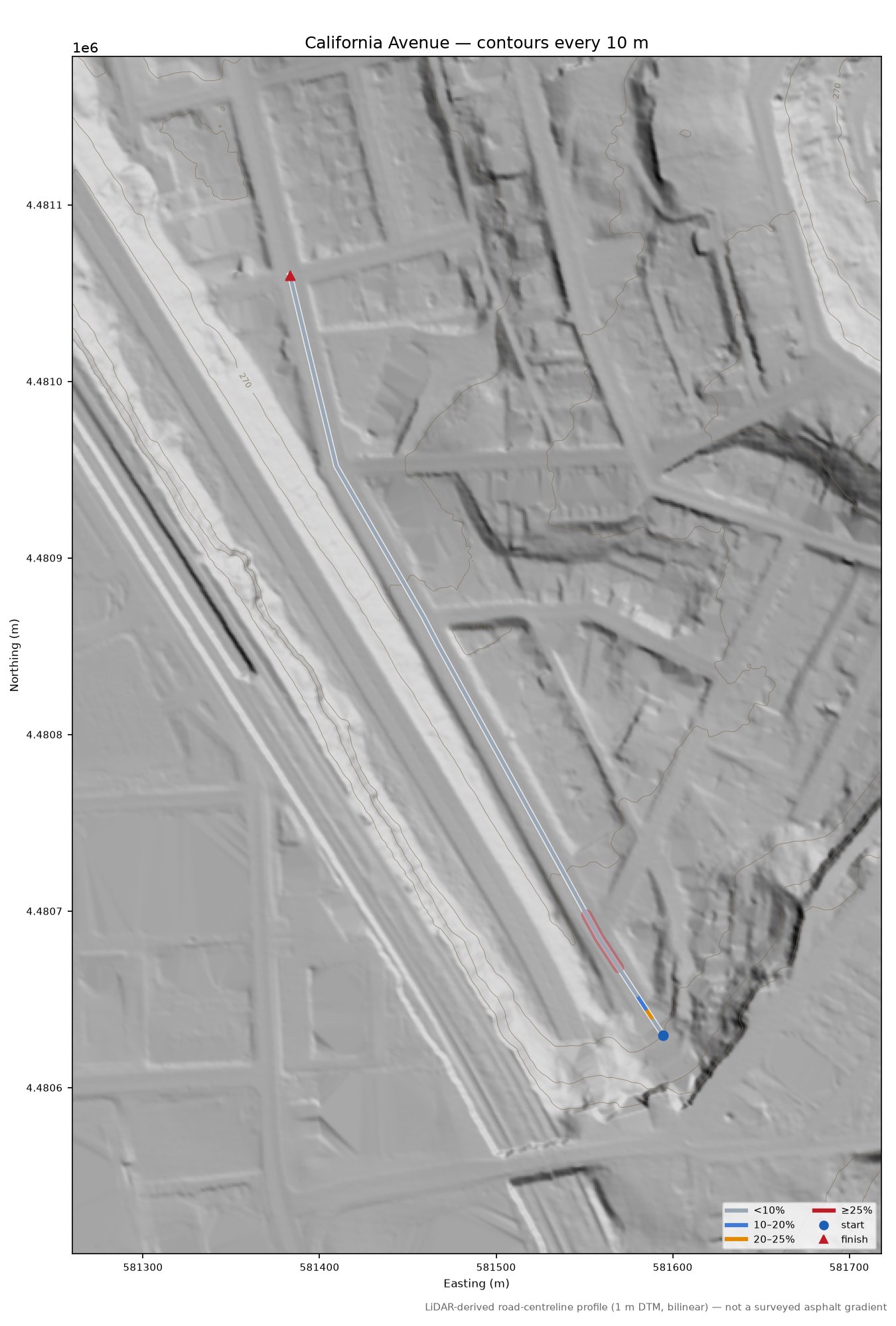 California Avenue LiDAR hillshade map with contours