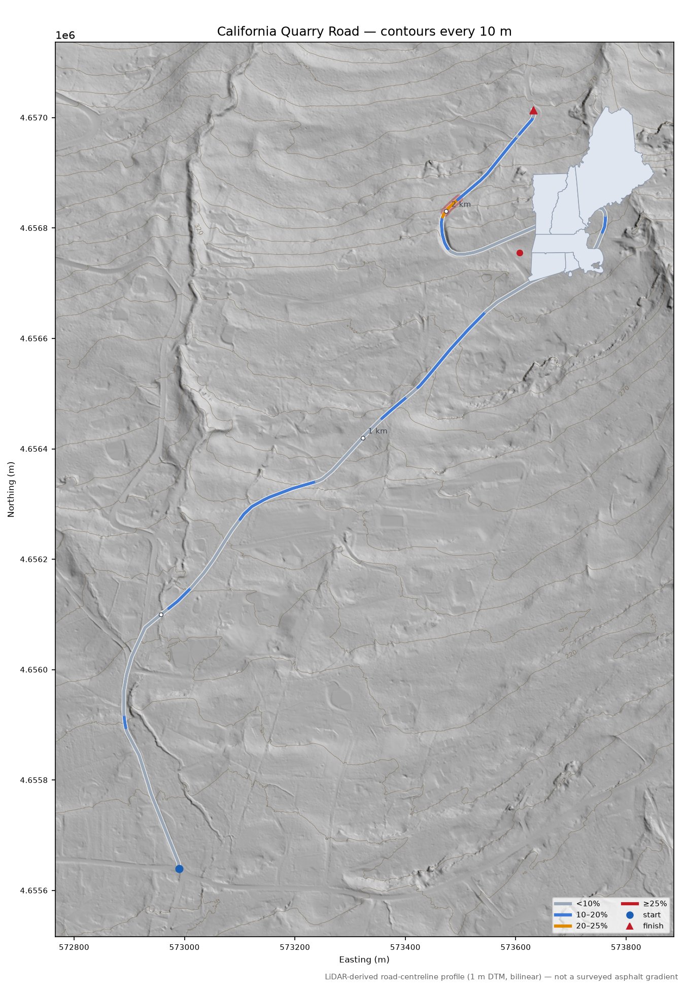 California Quarry Road LiDAR hillshade map with contours