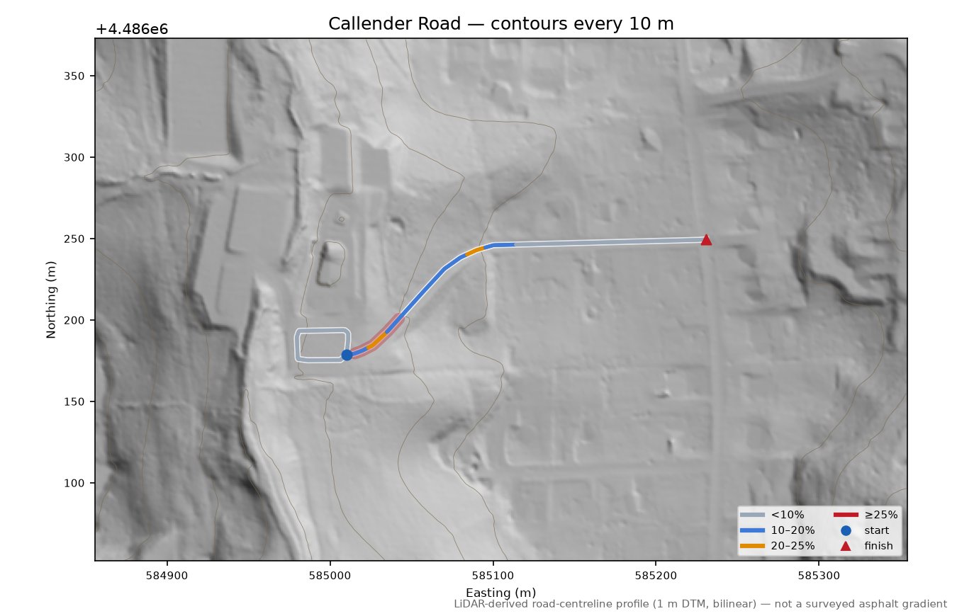 Callender Road LiDAR hillshade map with contours