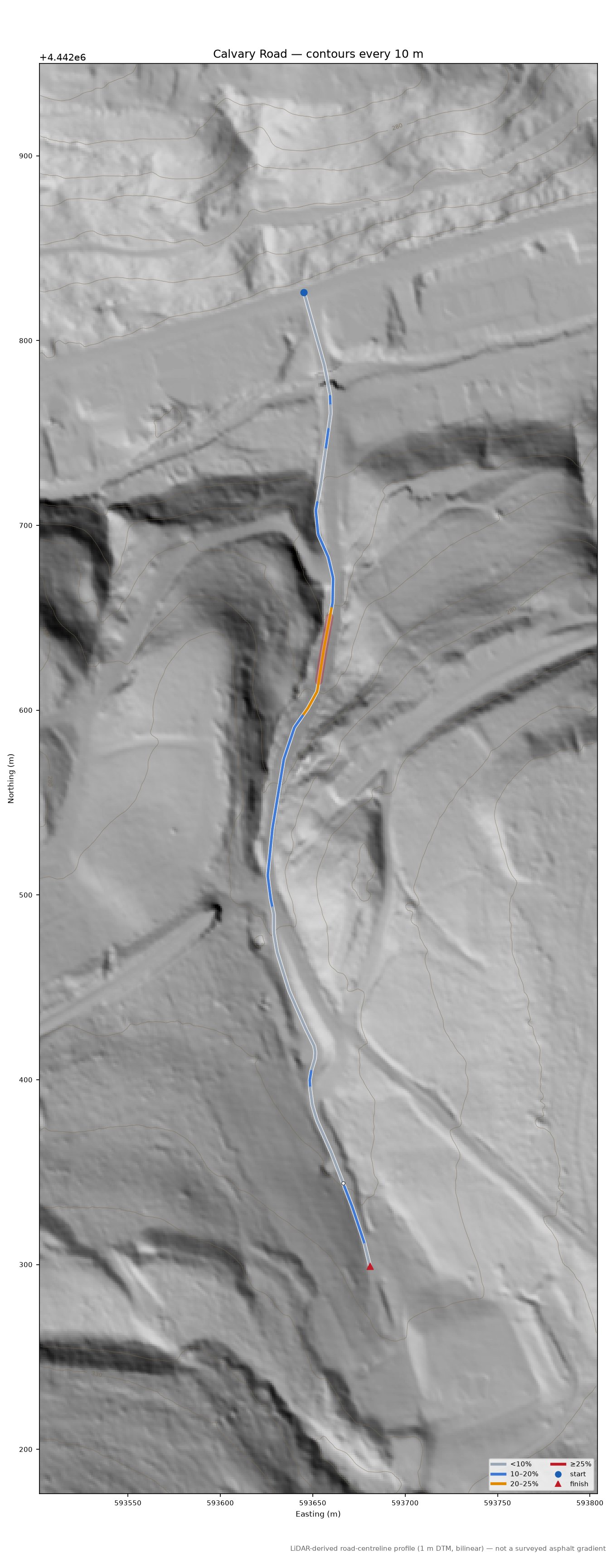 Calvary Road LiDAR hillshade map with contours