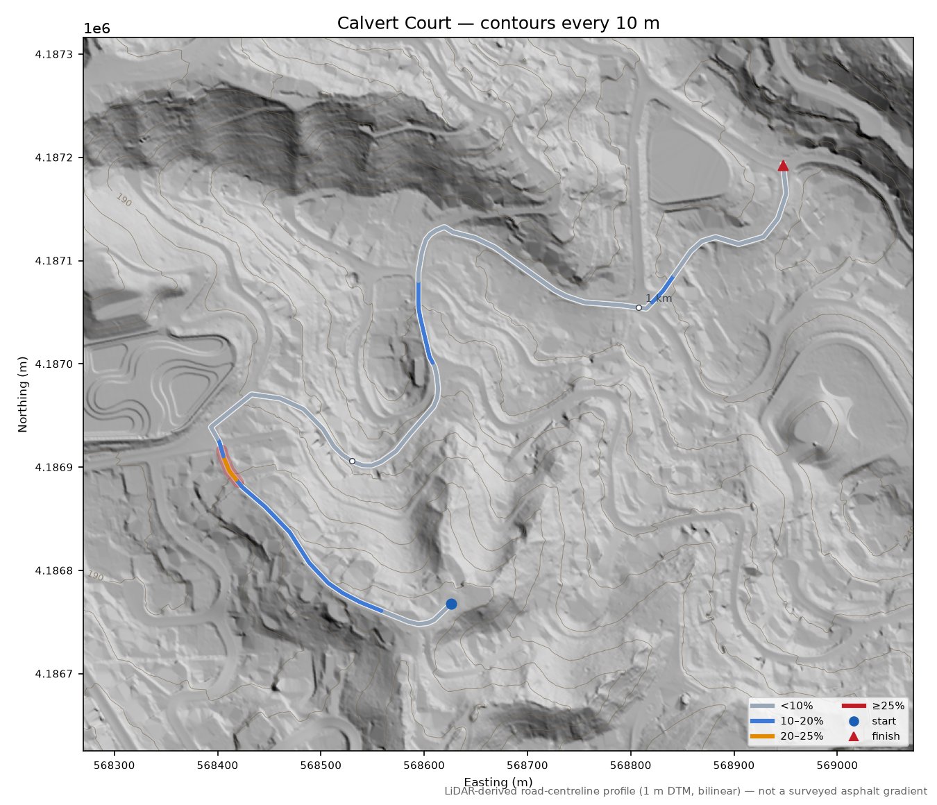 Calvert Court LiDAR hillshade map with contours