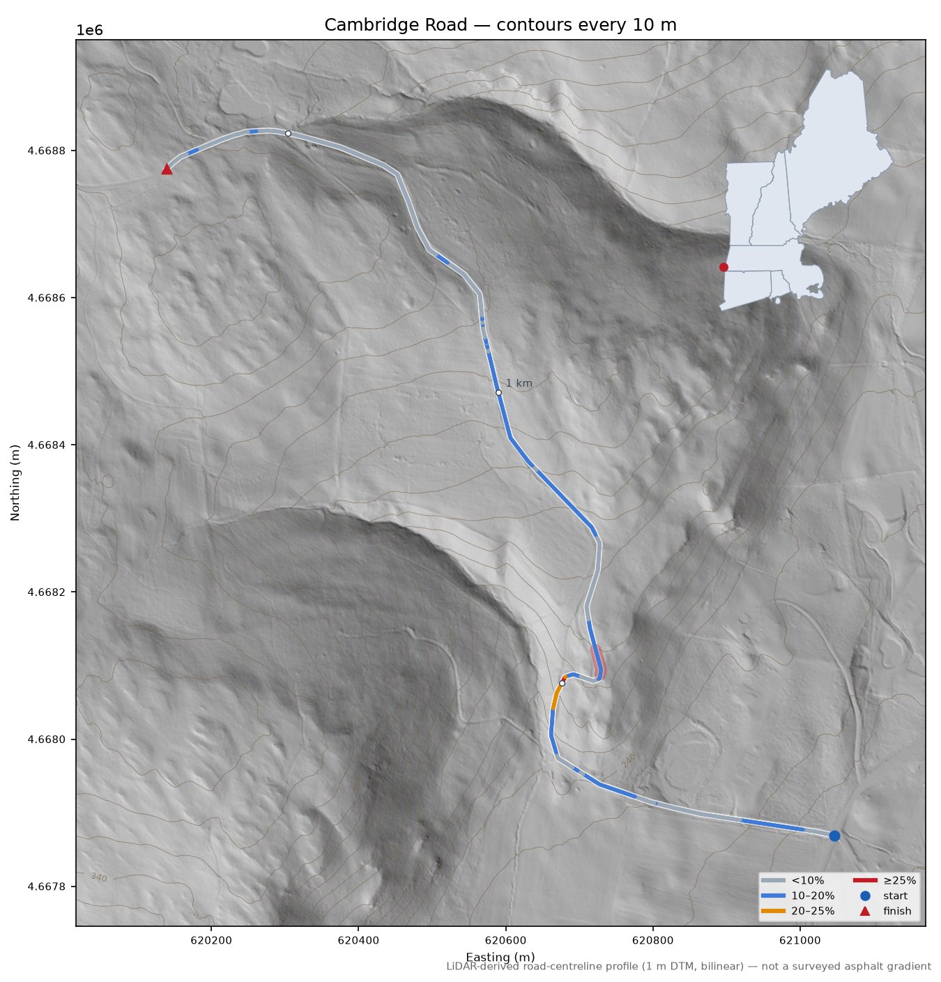 Cambridge Road LiDAR hillshade map with contours