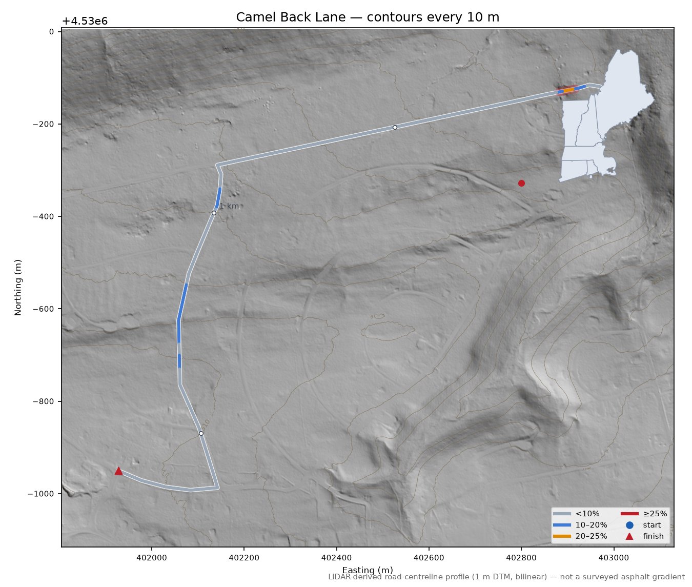 Camel Back Lane LiDAR hillshade map with contours