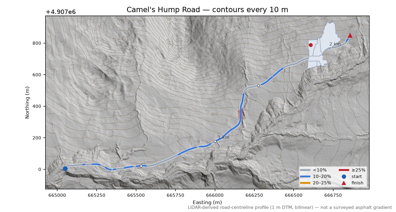 Camel's Hump Road LiDAR hillshade map with contours