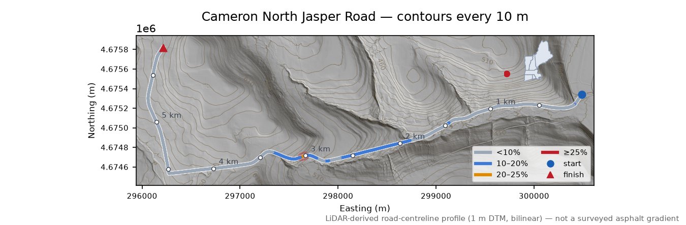 Cameron North Jasper Road LiDAR hillshade map with contours