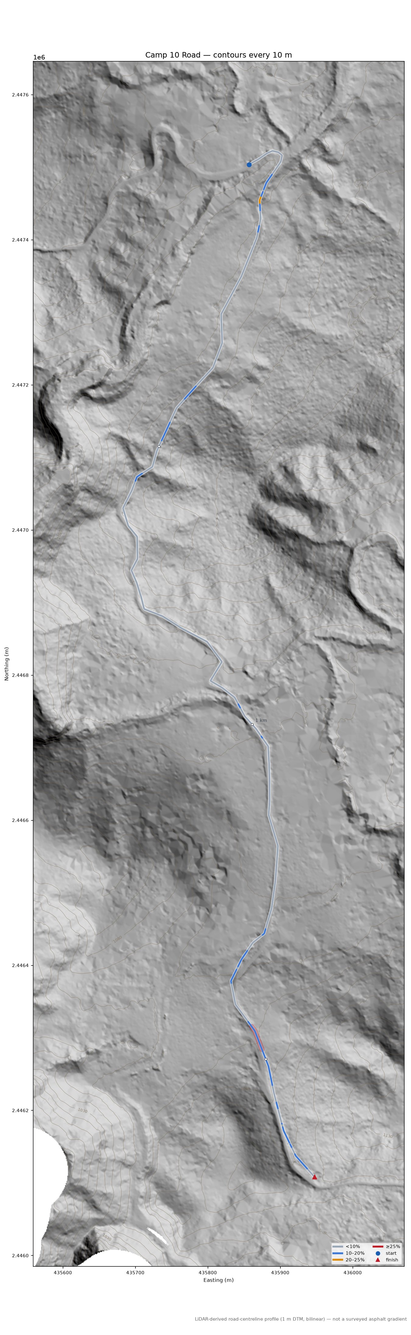 Camp 10 Road LiDAR hillshade map with contours