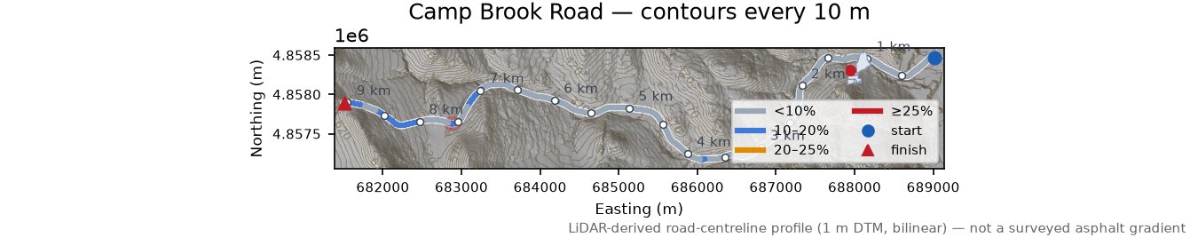 Camp Brook Road LiDAR hillshade map with contours