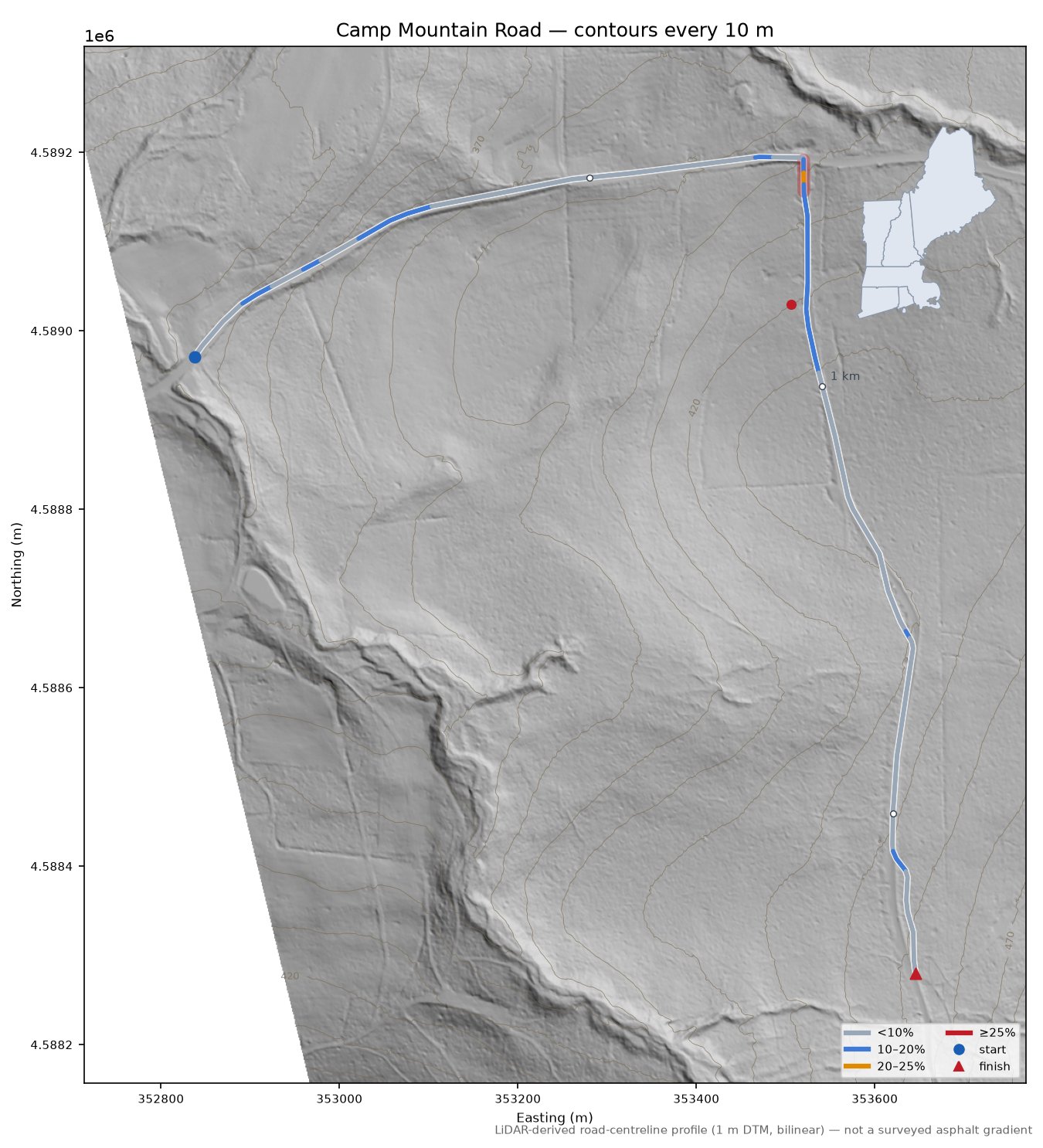 Camp Mountain Road LiDAR hillshade map with contours