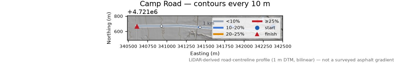 Camp Road LiDAR hillshade map with contours