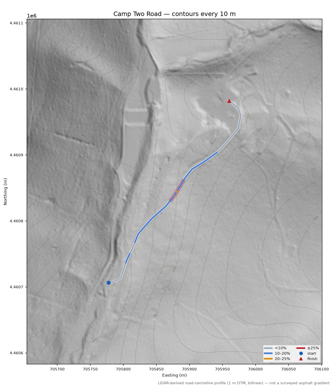 Camp Two Road LiDAR hillshade map with contours