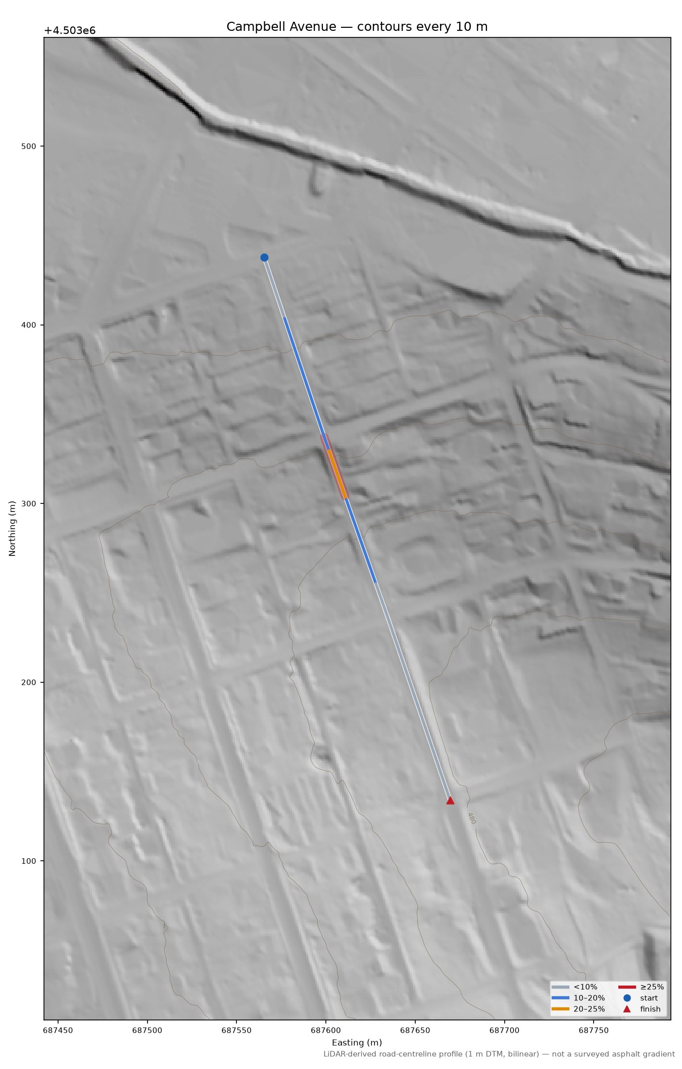 Campbell Avenue LiDAR hillshade map with contours