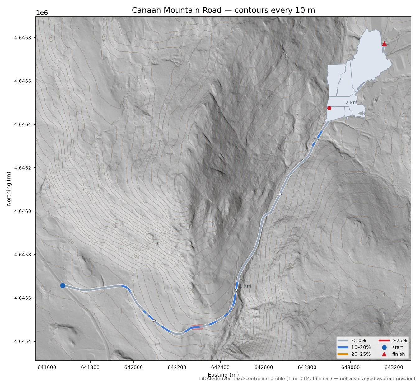 Canaan Mountain Road LiDAR hillshade map with contours