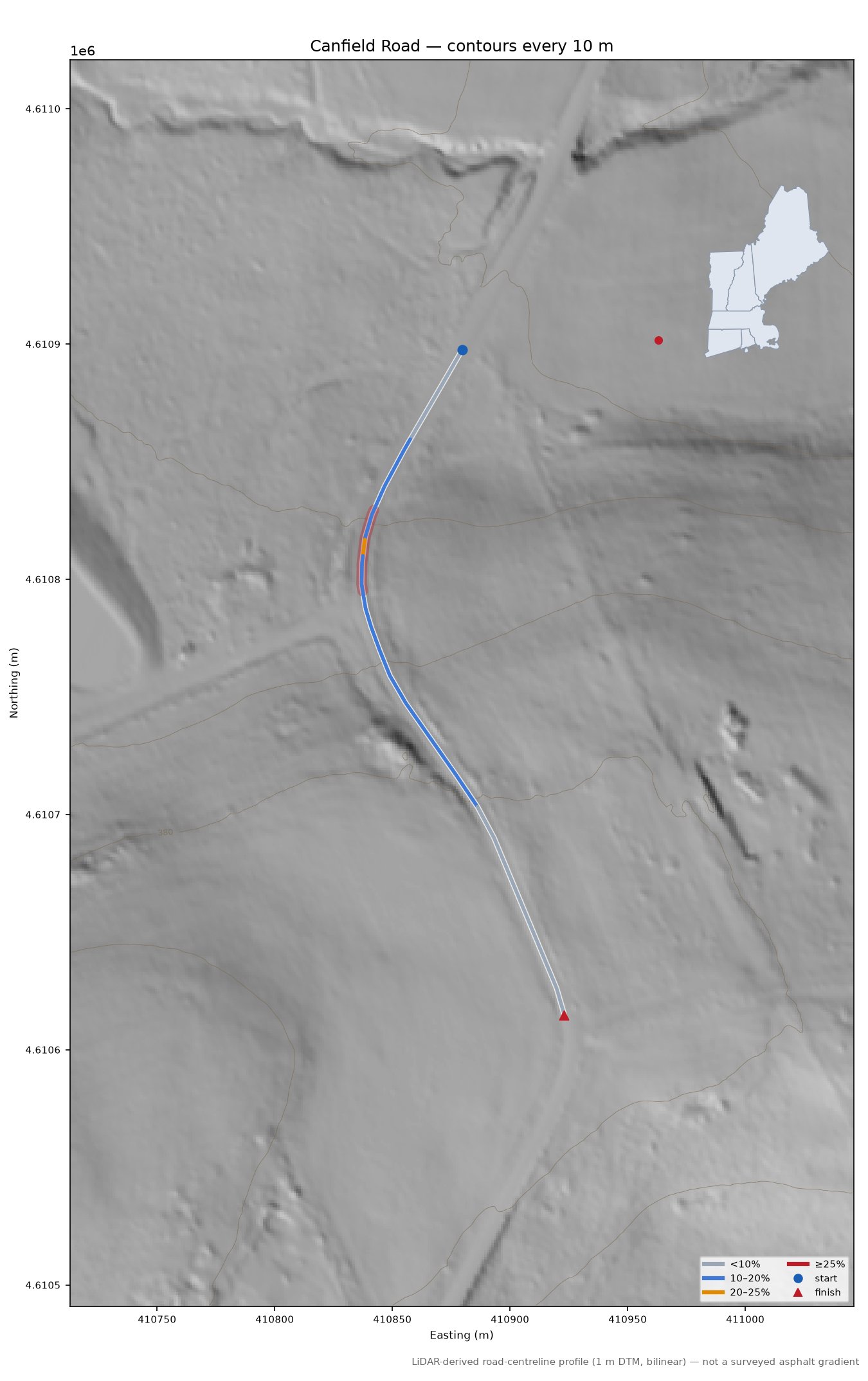 Canfield Road LiDAR hillshade map with contours