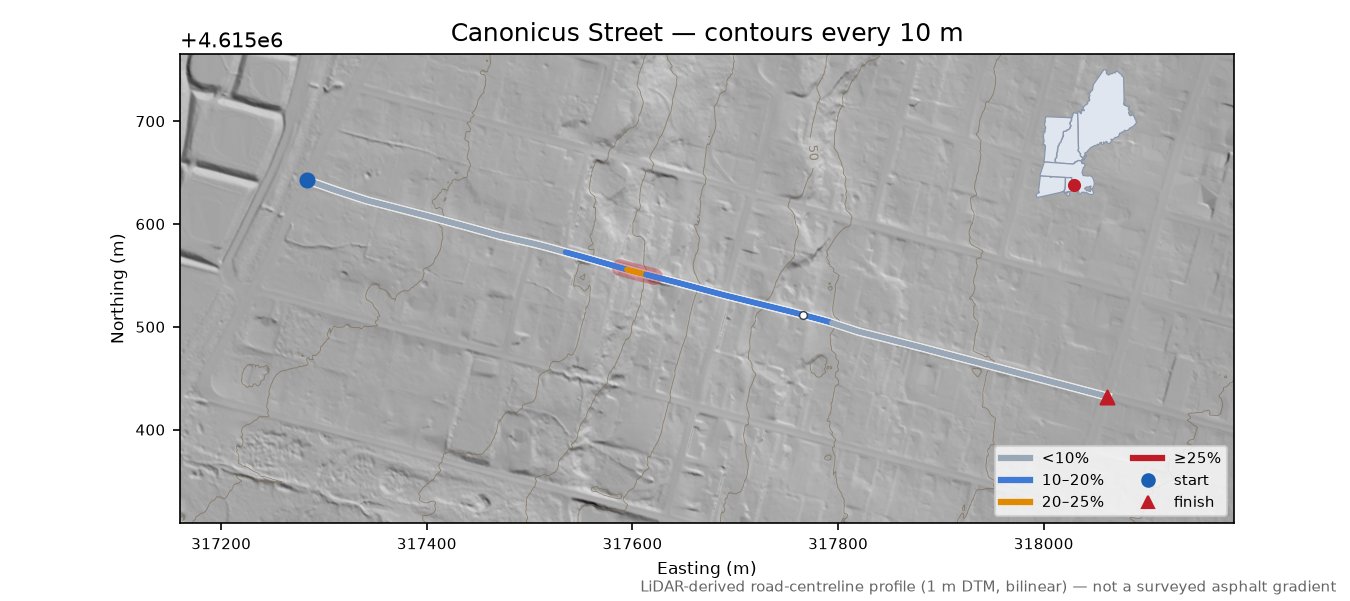 Canonicus Street LiDAR hillshade map with contours