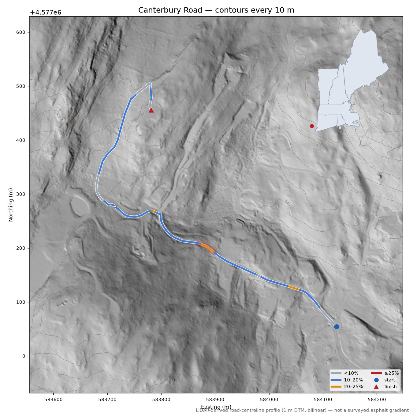 Canterbury Road LiDAR hillshade map with contours