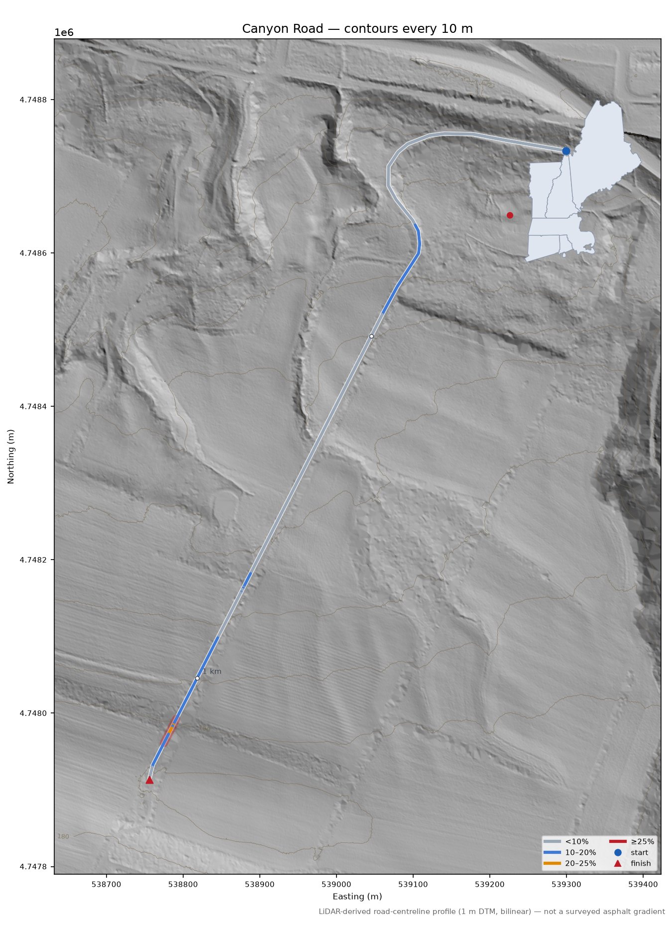 Canyon Road LiDAR hillshade map with contours