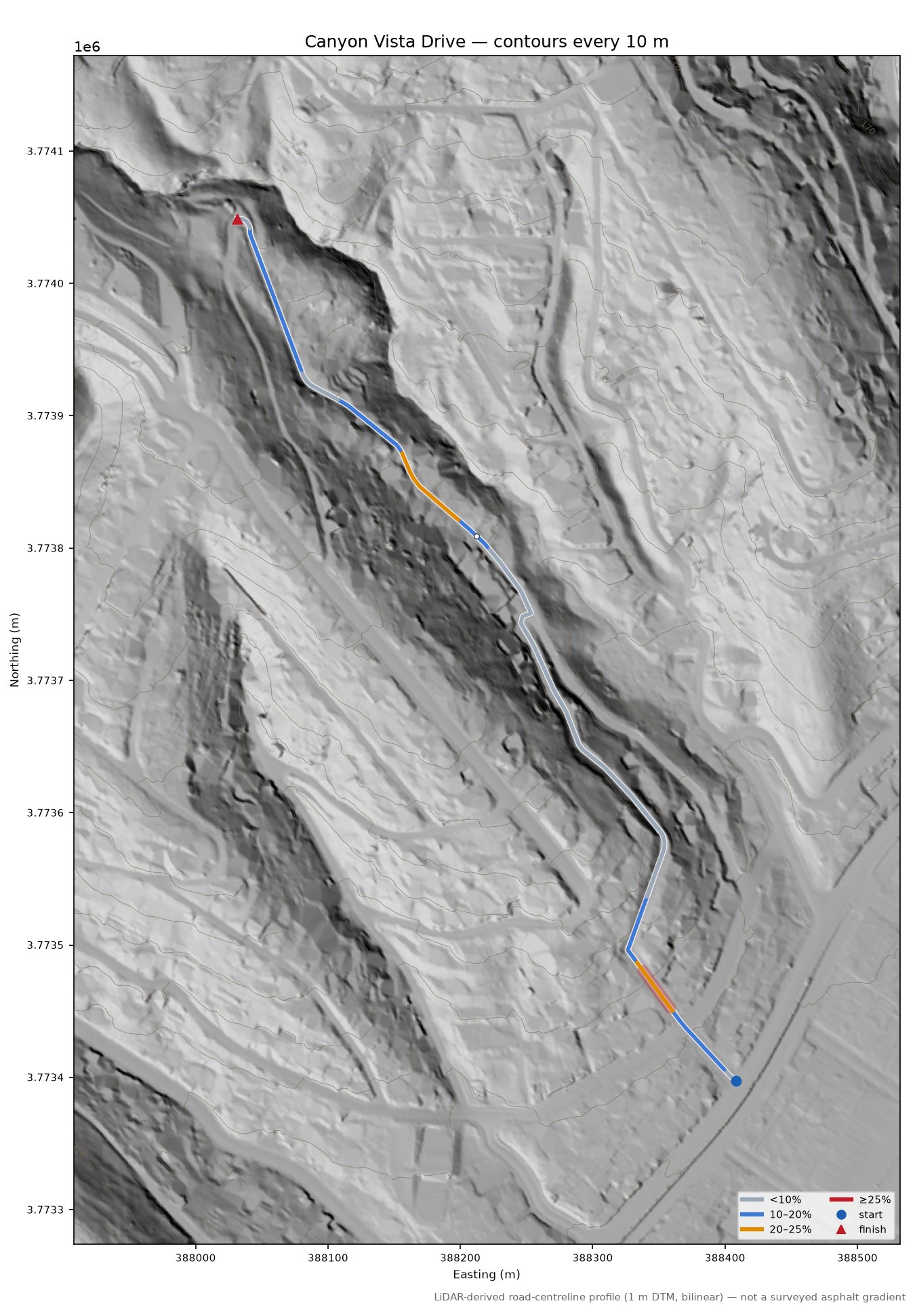 Canyon Vista Drive LiDAR hillshade map with contours