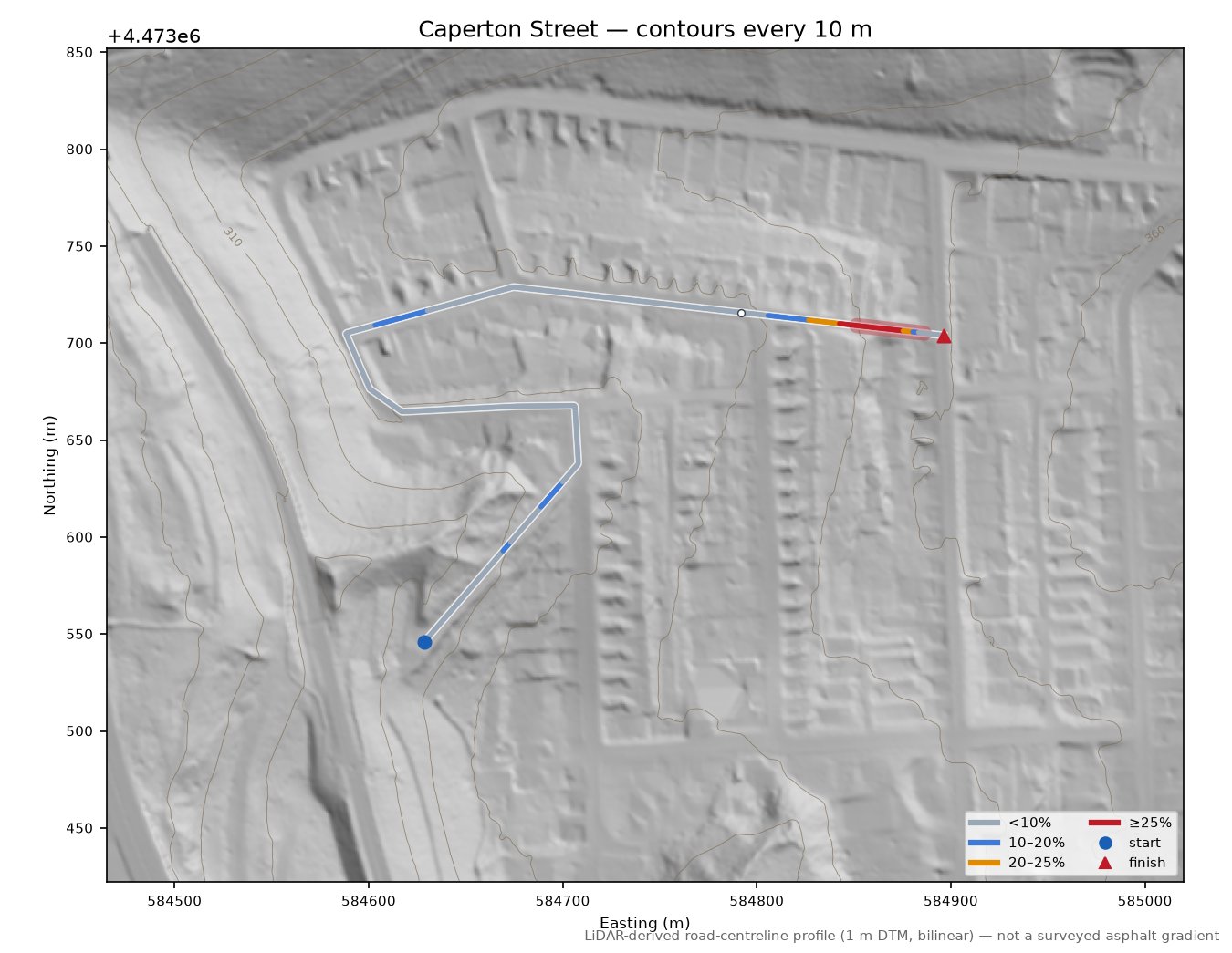 Caperton Street LiDAR hillshade map with contours