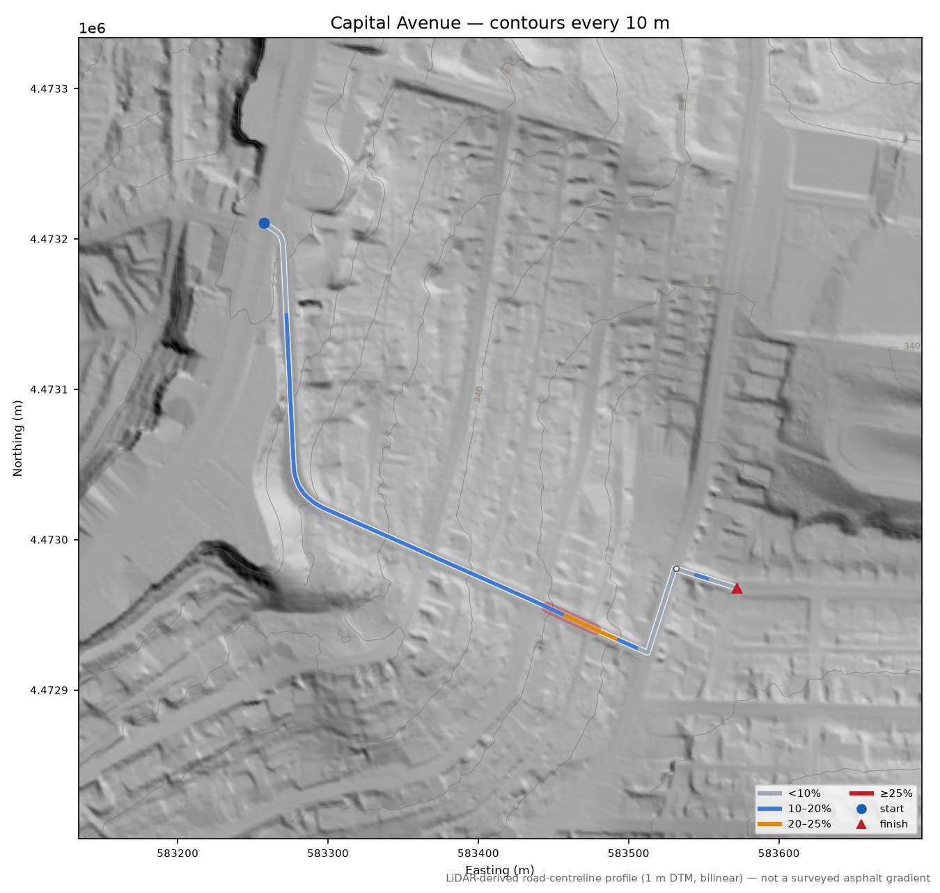 Capital Avenue LiDAR hillshade map with contours